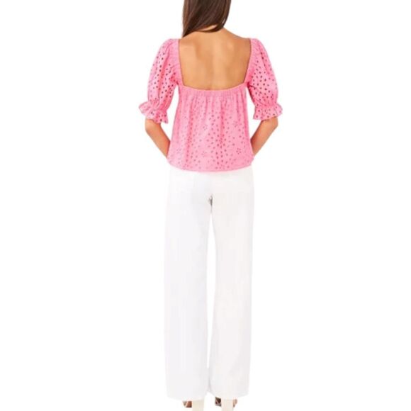 1. State Pink Eyelet Puff-Sleeve Square Neck Top Size Small, NWT - Picture 4 of 6